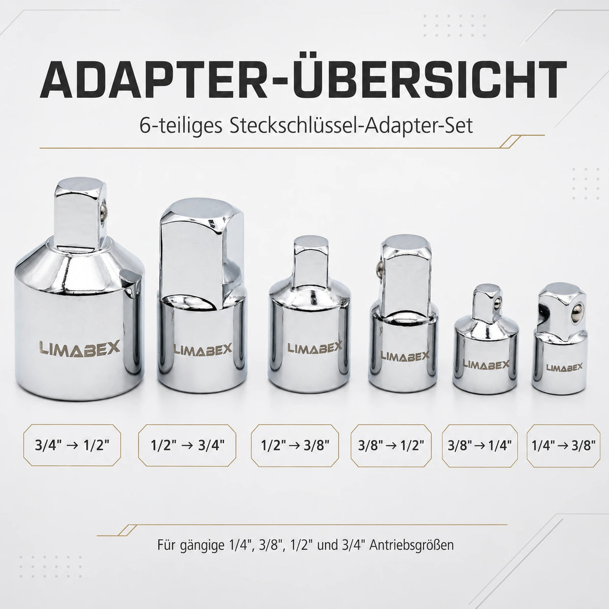 6-tlg. Steckschlüssel Adapter Set 14 38 12 34 für Ratsche übersicht