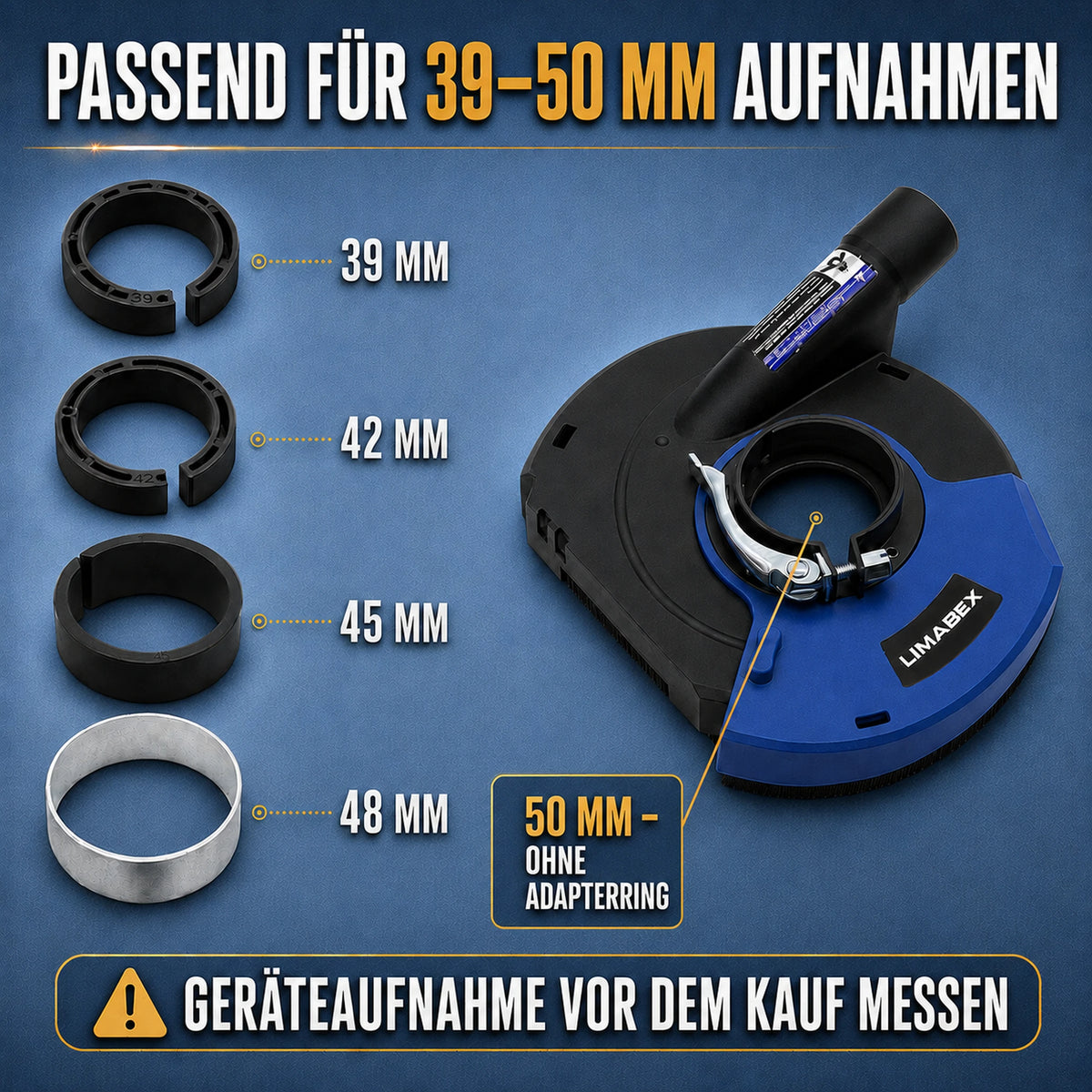 Absaughaube Winkelschleifer 125 Bürstenkranz Universal Adapterringe PRO Staubarm 39-50 mm