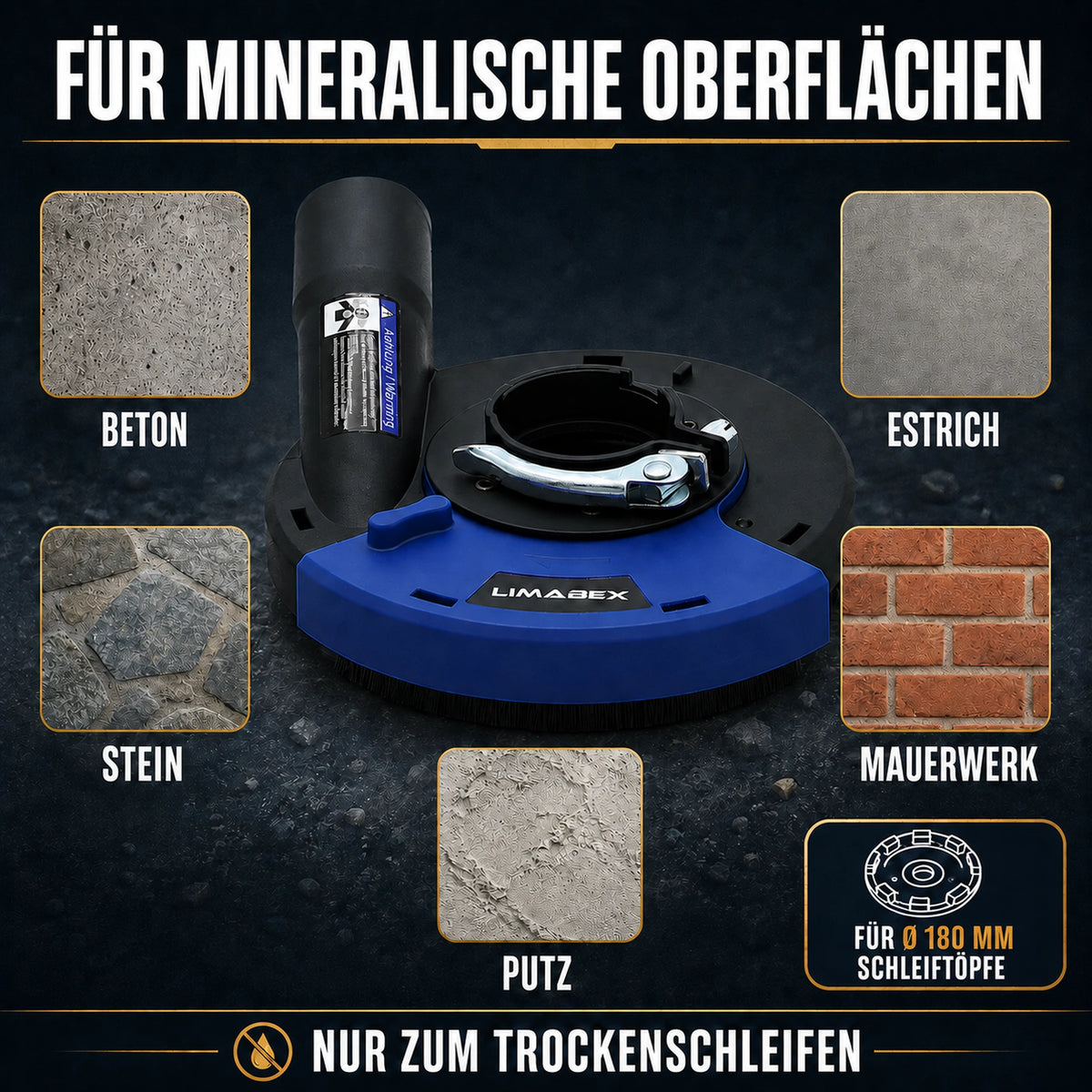 Absaughaube Winkelschleifer Bürstenkranz 230 mm Universal Adapterringe PRO Beton Stein materialen