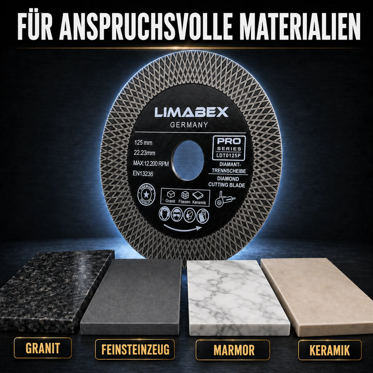 Premium Diamanttrennscheibe 125 mm Fliesen Keramik Granit X-Mesh Turbo materialen