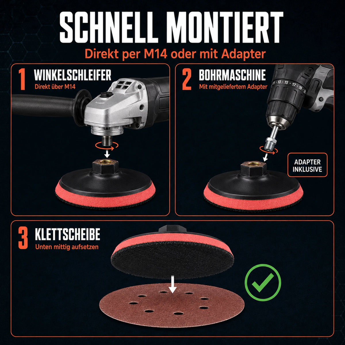 Klett Schleifteller Bohrmaschine Winkelschleifer Stützteller M14 Adapter schnell