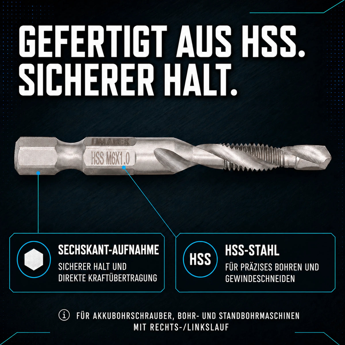 Kombi Gewindebohrer Set HSS M3-M10 6-tlg. Sechskant 54-58 mm hss stahl