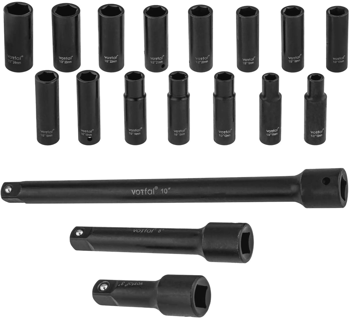 Power socket impact wrench sockets 1/2" set 10 - 24 mm 18 pcs. with extension 75 / 125 / 250 mm socket wrench