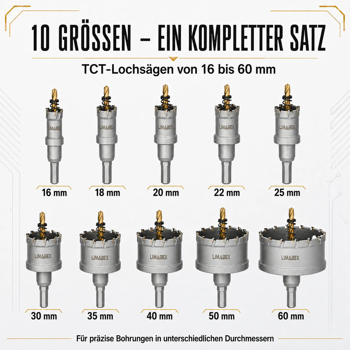 10-tlg. TCT Lochsäge Set PRO 16–60 mm für Metall Edelstahl Holz Aluminium Set übersicht