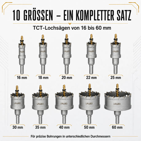 10-tlg. TCT Lochsäge Set PRO 16–60 mm für Metall Edelstahl Holz Aluminium Set übersicht