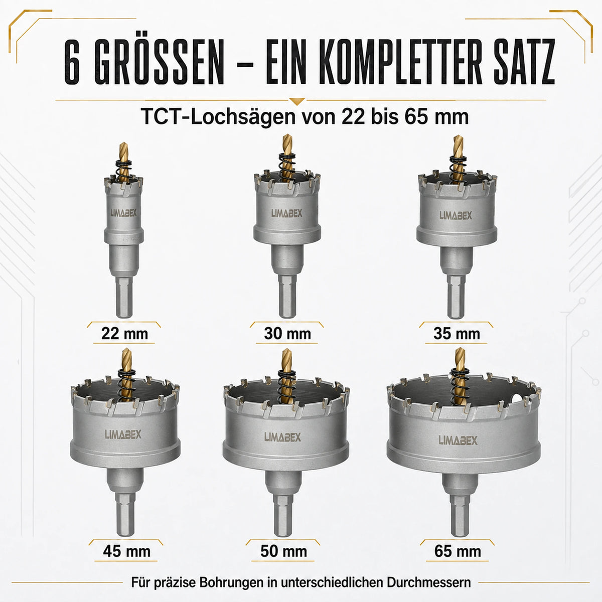 6-tlg. TCT Lochsäge Set PRO 22–65 mm für Metall Edelstahl Holz Aluminium Set übersicht