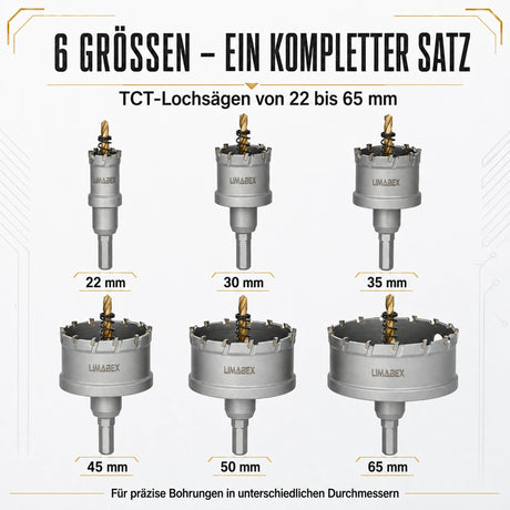 6-tlg. TCT Lochsäge Set PRO 22–65 mm für Metall Edelstahl Holz Aluminium Set übersicht