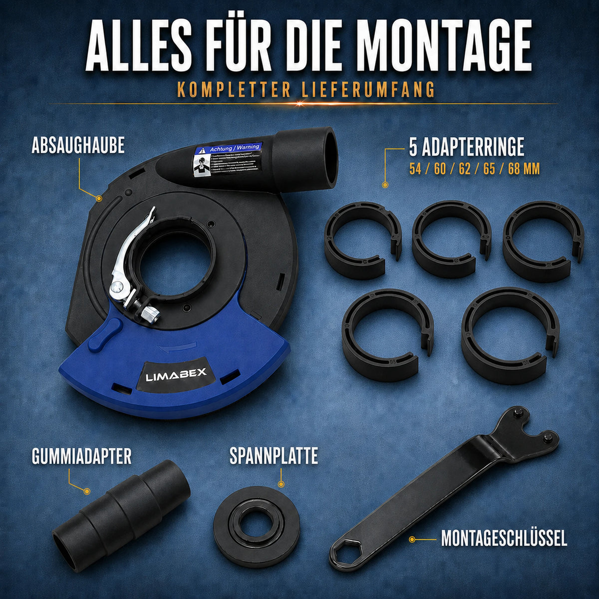 Absaughaube Winkelschleifer Bürstenkranz 230 mm Universal Adapterringe PRO Beton Stein lieferumfang
