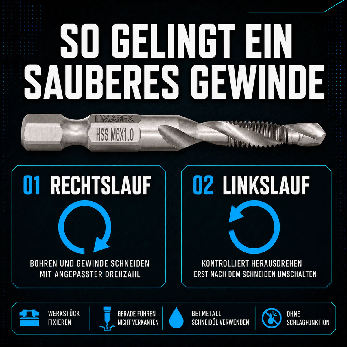 Kombi Gewindebohrer Set HSS M3-M10 6-tlg. Sechskant 54-58 mm anwendung