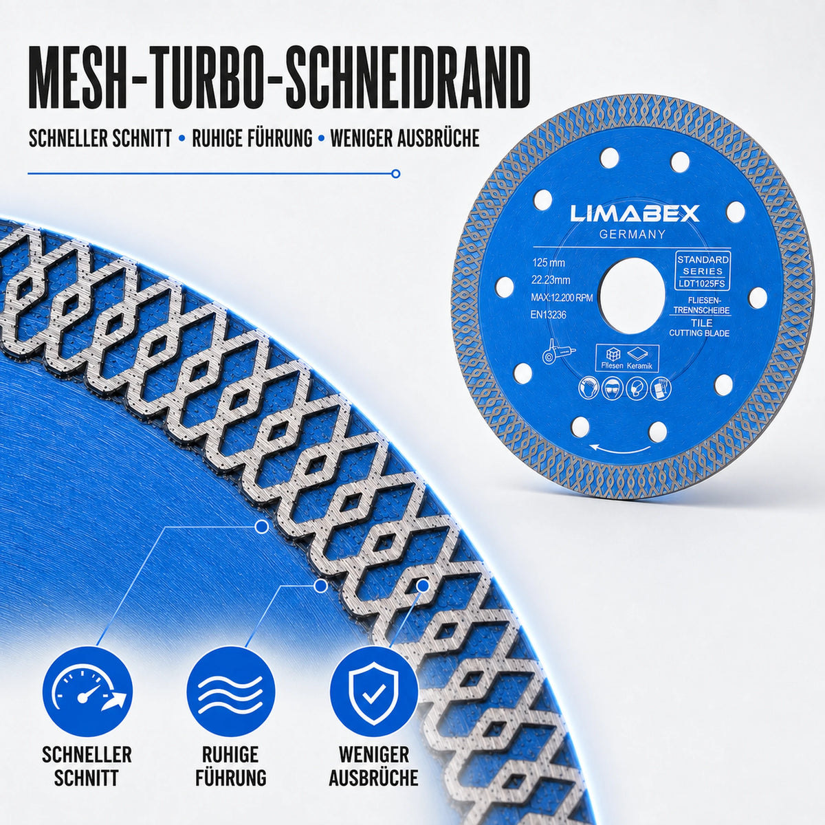 Diamanttrennscheibe 125 mm Feinsteinzeug Fliesen Keramik Turbo Mesh schneidrand
