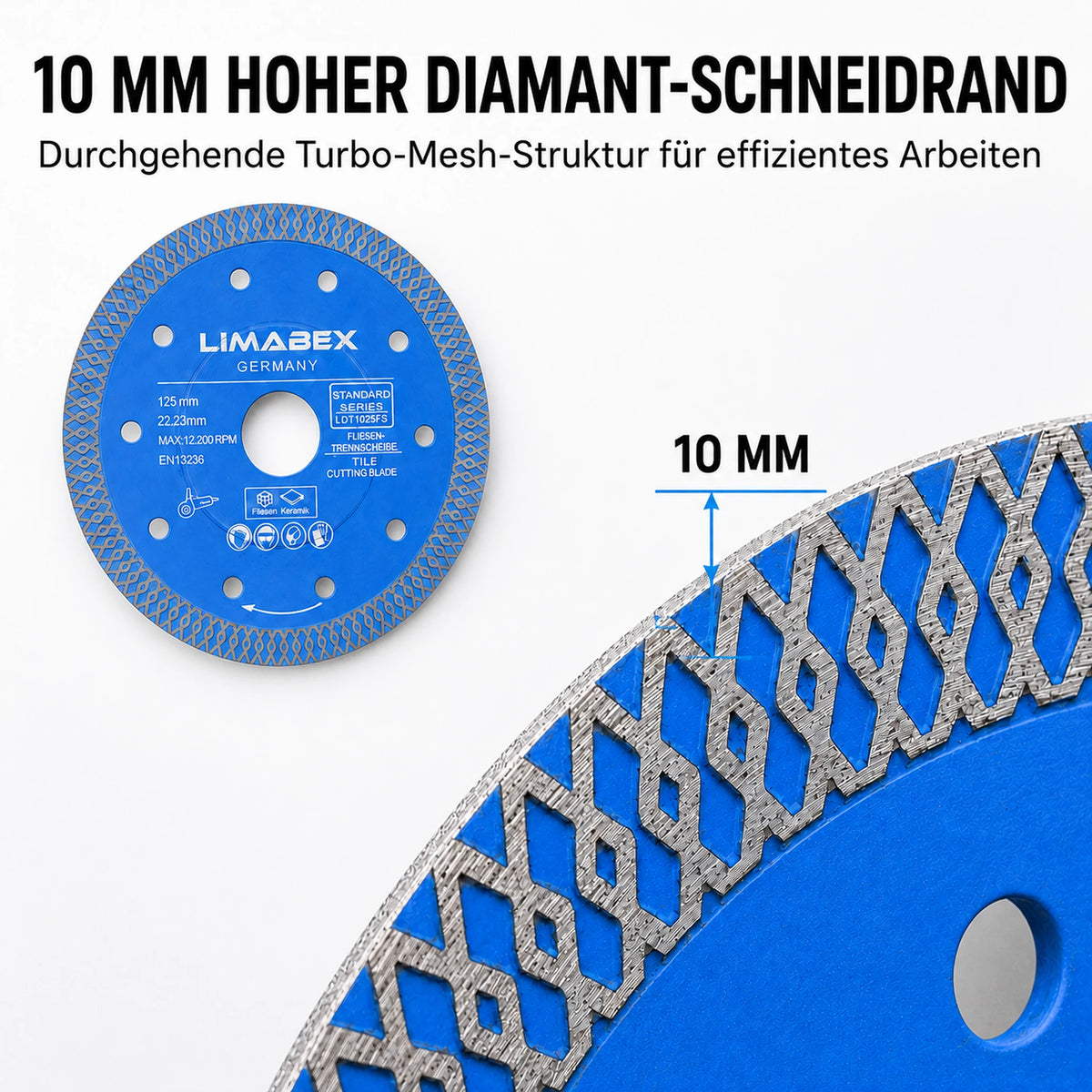 Diamanttrennscheibe 125 mm Feinsteinzeug Fliesen Keramik Turbo Mesh 10 mm
