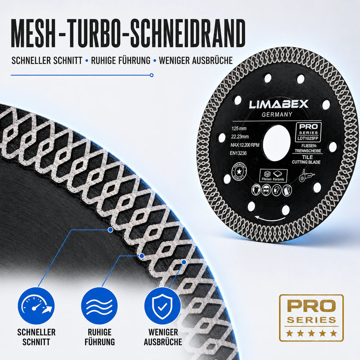 Diamanttrennscheibe 125 mm Feinsteinzeug & Fliesen Premium Mesh Turbo schneidrand