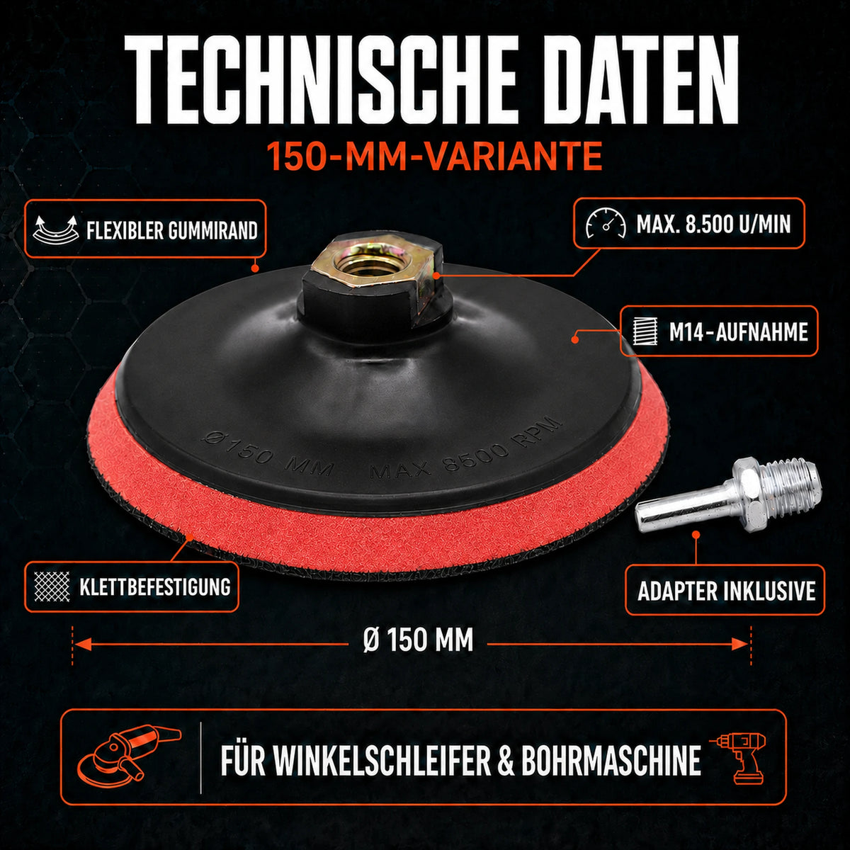 Klett Schleifteller 150 Bohrmaschine Winkelschleifer Stützteller M14 Adapter