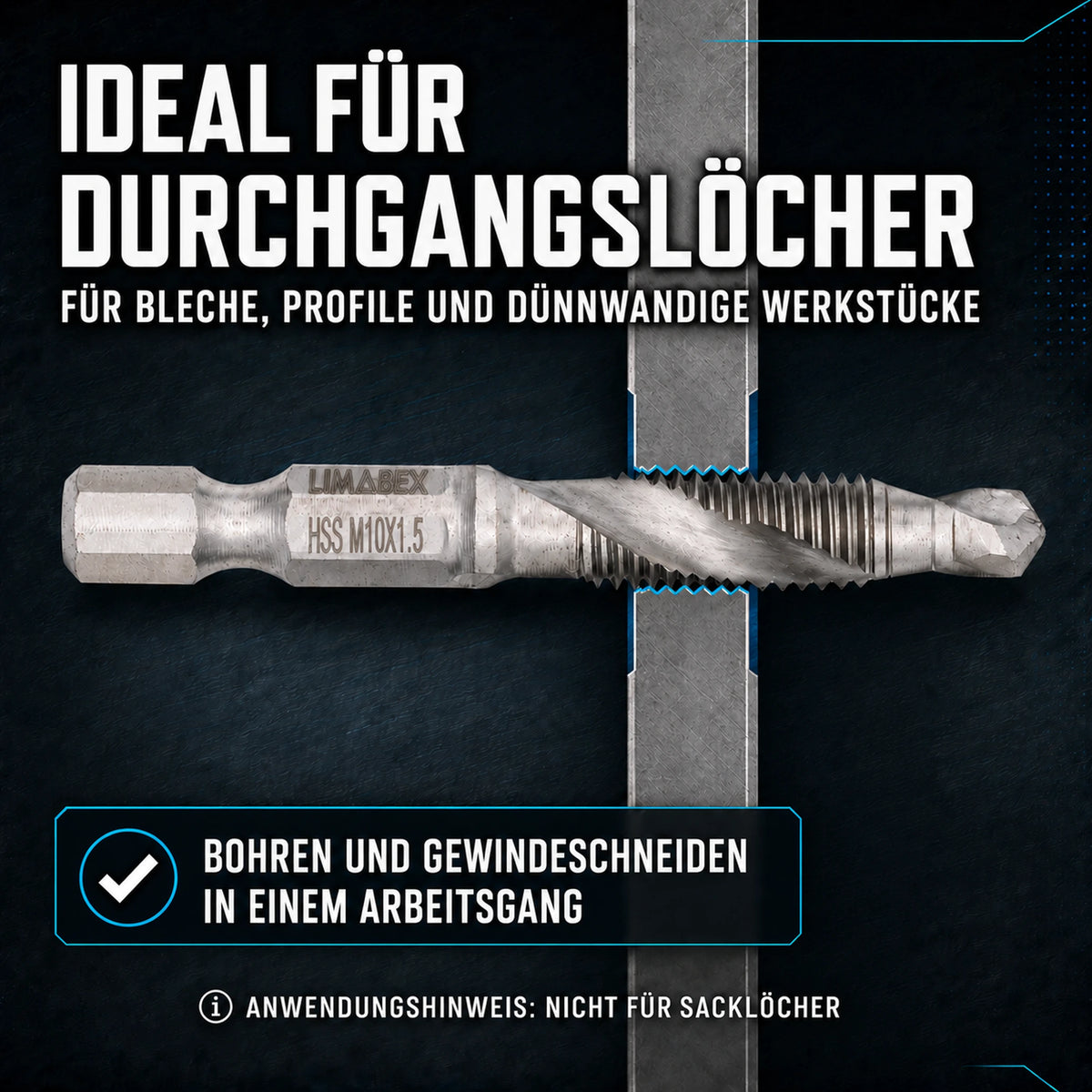 Kombi Gewindebohrer Set HSS M3-M10 6-tlg. Sechskant 54-58 mm durchganglöcher
