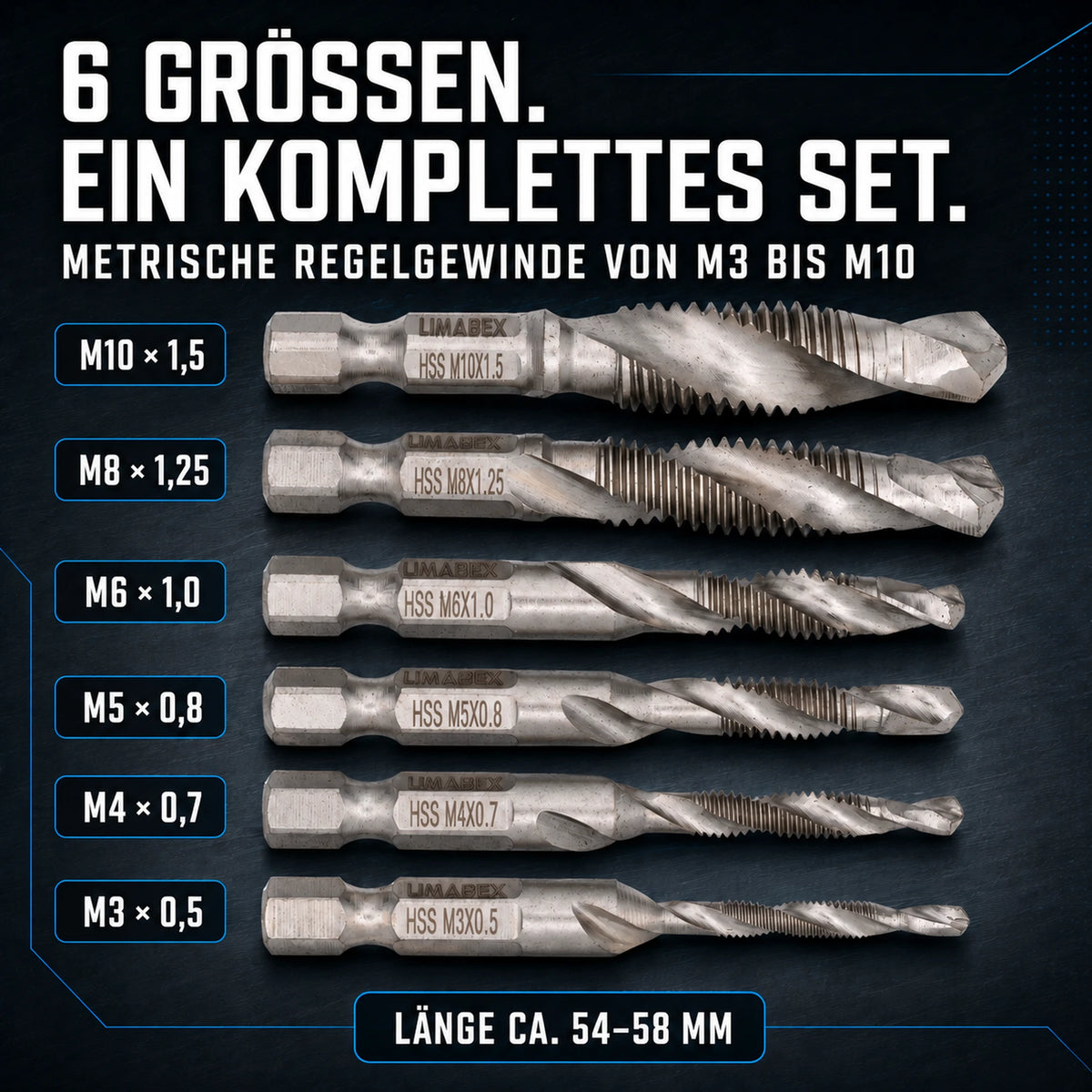 Kombi Gewindebohrer Set HSS M3-M10 6-tlg. Sechskant 54-58 mm set