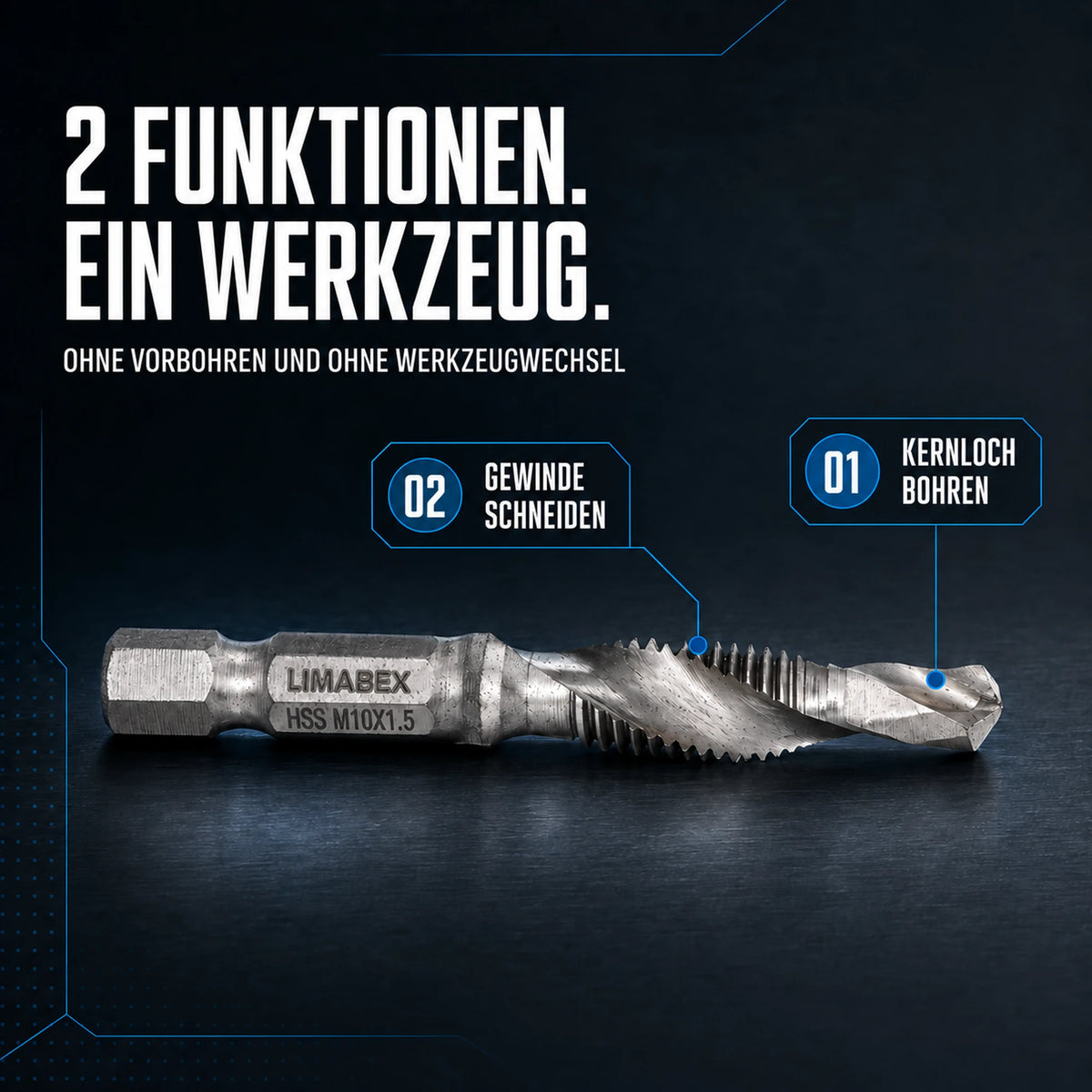 Kombi Gewindebohrer Set HSS M3-M10 6-tlg. Sechskant 54-58 mm 2 funktion