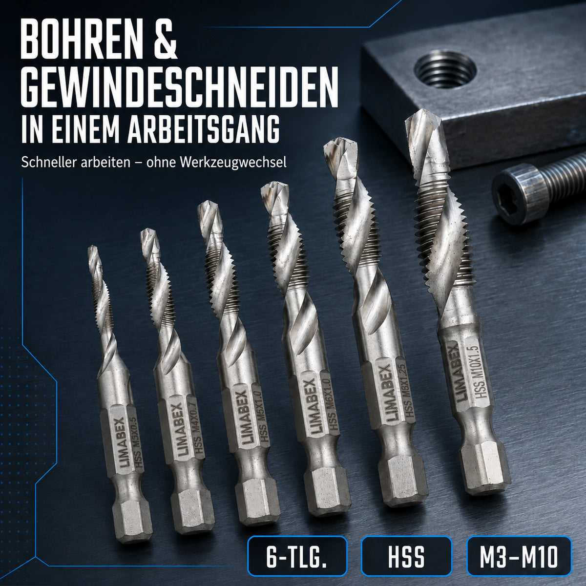 Kombi Gewindebohrer Set HSS M3-M10 6-tlg. Sechskant 54-58 mm