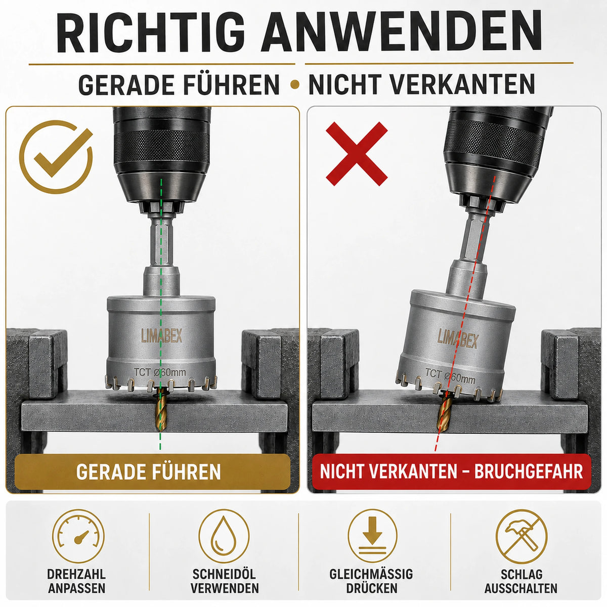 TCT Lochsäge Set PRO 22–65 mm für Metall Edelstahl Holz Aluminium Set anwendung